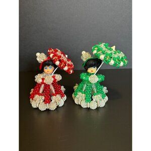 Vintage Beaded Safety Pin Parasol Dolls Red & Green Handmade Figurines Christmas